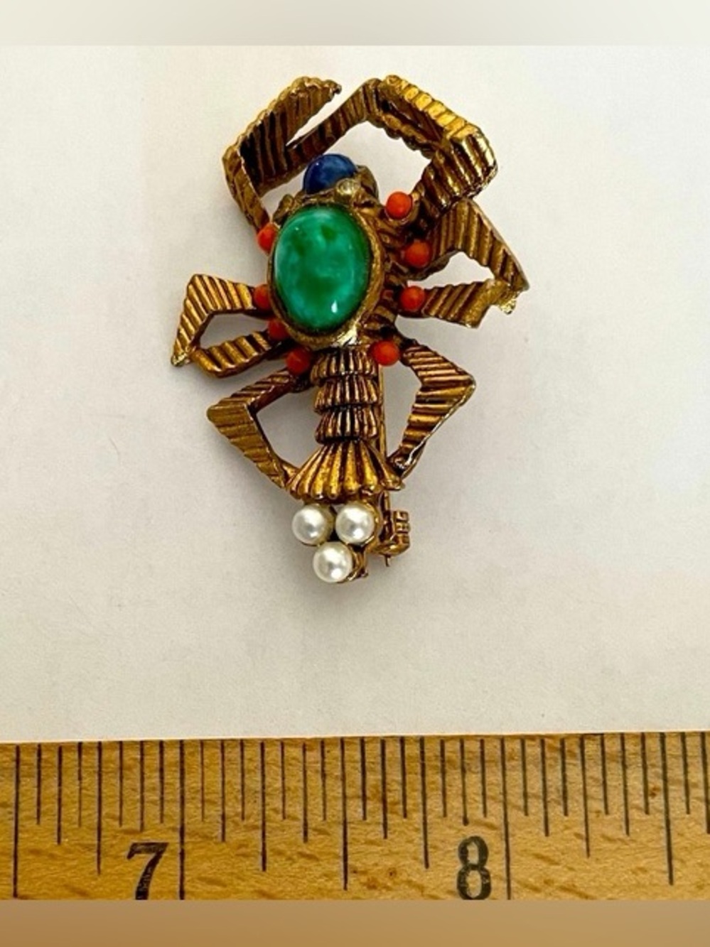 Vintage 1950s Egypt Scarab Beetle Etched Gold Brooch Pearl Stone Gem Lobster Pin - Picture 9 of 10